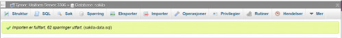e) Import av data i tabellene suksessfull