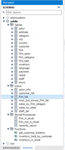 s) Sakila database vises, her maksimert (tabeller, views, prosedyrer, funksjoner)