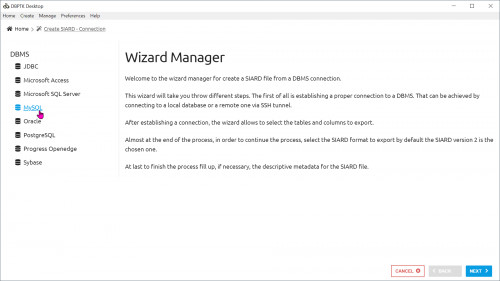 b) Velg  MySQL fra "Wizard Manager" blant valggene JDBC, MS Access, MSSQL, MySQL, Oracle, PostgreSQL, Progress Openedge, Sybase