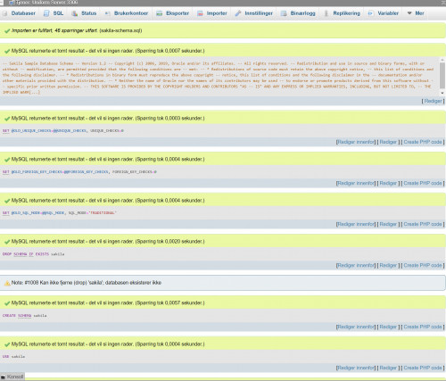 c) Import av database og struktur tabeller suksessfull (del av logg på skjerm)