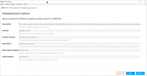 h) "Metadata Export Options": Angi standard SIARD toppnivå metadata