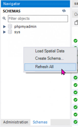 r) Venstre meny "Schemas" for databaser og høyreklikk "Refresh All"