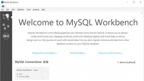 e) MySQL Workbench Home - demo localhost