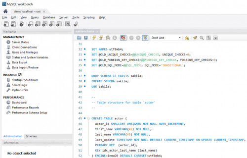 i) Del 2 sakila-schema.sql for database og struktur (tabeller, views, prosedyrer, funksjoner)