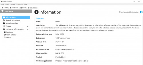 e) Databases > sakila > Information