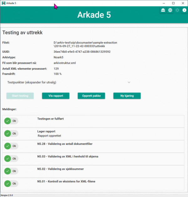 Arkade 5 v2.5.0 Noark 5 testing av uttrekk