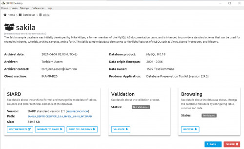 c) Database > sakila åpnes med alle detaljer. Klikk "VALIDATE" for å starte validering.