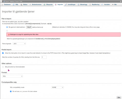 b) Importer sakila-schema.sql UTEN avkrysset "Slå på kontroll av fremmednøkler"