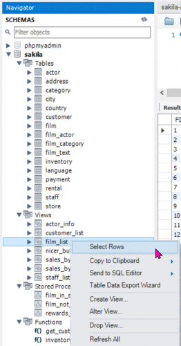 t) Vis rader fra en tabell eller et view (har view film_list)