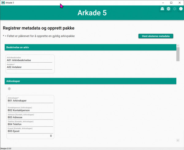 Arkade 5 v2.5.0 Registrer metadata