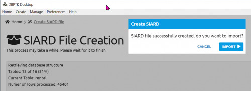 i) SIARD file successfully created, do you want to import?